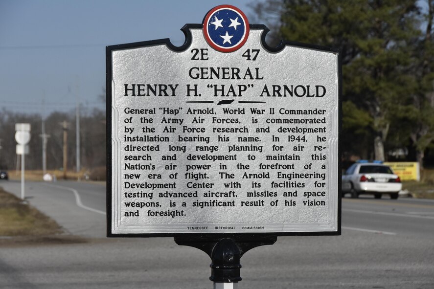 Members of the Junior Force Council at Arnold Air Force Base reached out to the Tennessee Historical Commission about having the Gen. Henry “Hap” Arnold sign, located on Wattendorf Highway toward Hillsboro, refurbished. Pictured is the sign after being sent to the fabricator to be repainted and repaired. (U.S. Air Force photo/Rick Goodfriend)