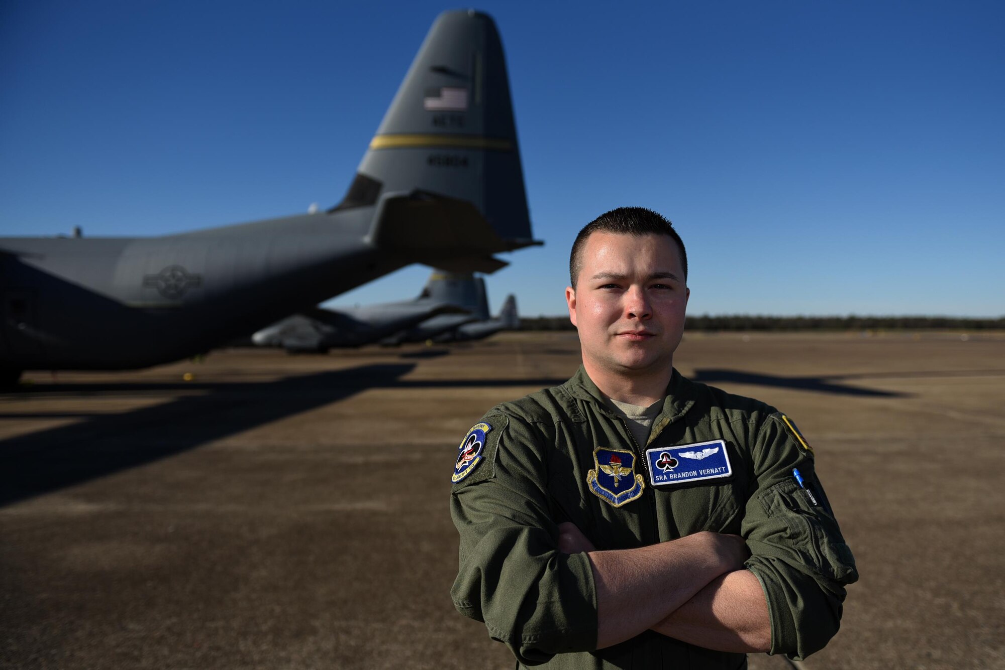 U.S. Air Force Senior Airman Brandon Vernatt, 62nd Airlift Squadron instructor loadmaster, was nominated as the Combat Airlifter of the Week, Feb. 22, 2017, at Little Rock Air Force Base, Ark. Vernatt displays the core value Excellence in All We Do through the way he prepares loadmasters for their operational squadrons. (U.S. Air Force photo by Airman 1st Class Kevin Sommer Giron)