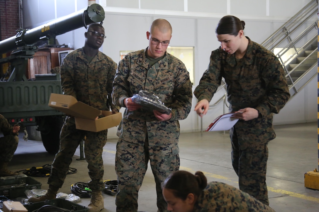 1st Lt. Morgan White, right, directs her Marines during a squadron-wide gear inspection aboard Marine Corps Air Station Cherry Point, N.C., Feb. 6, 2017. White states that the training she has received in the Marine Corps helped develop her leadership and decision-making skills. “The Marine Corps teaches you to make hard decisions,” said White. “When life throws us questions that we don’t know the answer to, we’ve learned to quickly think on our feet.” White is the communications officer for Marine Wing Support Squadron 274, Marine Aircraft Group 14, 2nd Marine Aircraft Wing. (U.S. Marine Corps photo by Cpl. Mackenzie Gibson/Released)