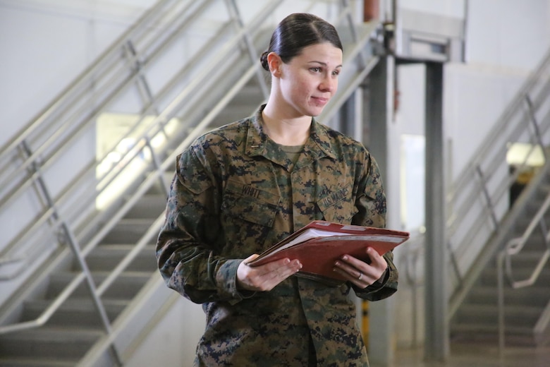 1st Lt. Morgan White supervises her Marines during a squadron-wide gear inspection aboard Marine Corps Air Station Cherry Point, N.C., Feb. 6, 2017. White states that the training she has received in the Marine Corps helped develop her leadership and decision-making skills. “The Marine Corps teaches you to make hard decisions,” said White. “When life throws us questions that we don’t know the answer to, we’ve learned to quickly think on our feet.” White is the communications officer for Marine Wing Support Squadron 274, Marine Aircraft Group 14, 2nd Marine Aircraft Wing. (U.S. Marine Corps photo by Cpl. Mackenzie Gibson/Released)