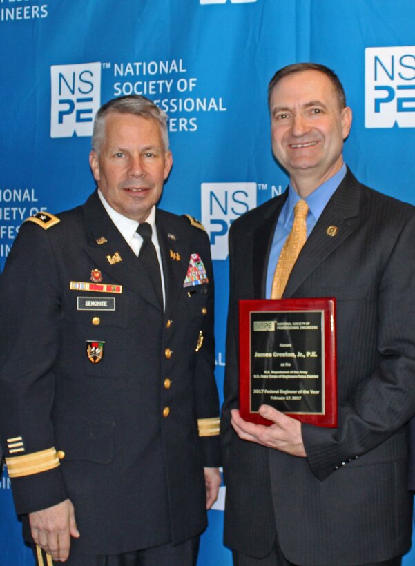James Croston, chief of Technical Services Section of the Hydraulics and Hydrology branch, Tulsa District, U.S. Army Corps of Engineers is pictured with Lt. Gen. Todd T. Semonite, Chief of Engineers for the U.S. Army Corps of Engineers, during the Federal Engineer of the Year Award reception and ceremony at the National Press Club, Feb. 17. Croston is among the top 25 engineers in the Federal Government and the top five in the Corps of Engineers. 