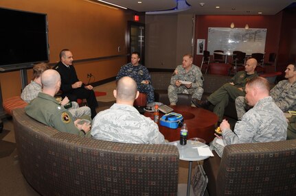 U.S. Navy Vice Adm. Charles Richard (top left), U.S. Strategic Command (USSTRATCOM) deputy commander, discusses leadership and command with USSTRATCOM field grade officers, at USSTRATCOM Headquarters, Offutt Air Force Base, Neb., Feb. 22, 2017.  One of nine DoD unified combatant commands, USSTRATCOM has global strategic missions assigned through the Unified Command Plan that include strategic deterrence; space operations; cyberspace operations; joint electronic warfare; global strike; missile defense; intelligence, surveillance and reconnaissance; and analysis and targeting.