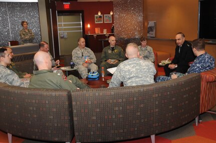 U.S. Navy Vice Adm. Charles Richard (second from right), U.S. Strategic Command (USSTRATCOM) deputy commander, discusses leadership and command during a luncheon with USSTRATCOM field grade officers, at USSTRATCOM Headquarters, Offutt Air Force Base, Neb., Feb. 22, 2017. One of nine DoD unified combatant commands, USSTRATCOM has global strategic missions assigned through the Unified Command Plan that include strategic deterrence; space operations; cyberspace operations; joint electronic warfare; global strike; missile defense; intelligence, surveillance and reconnaissance; and analysis and targeting.