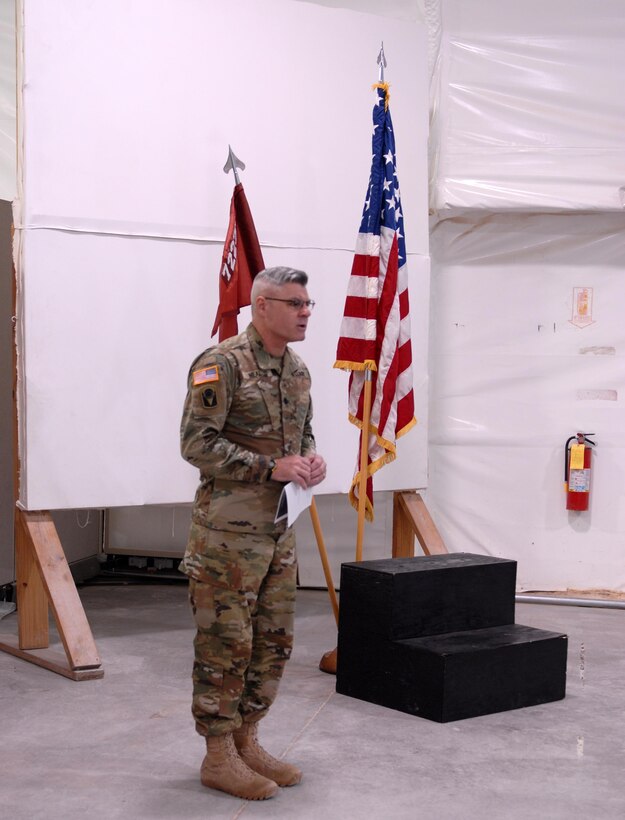 Lt. Col. Aaron Neal, commander for Army Reserve Medical Command’s 7227th Medical Support Unit, addresses his Soldiers during a mock memorial ceremony held as a training opportunity in preparation for their upcoming mobilization in support of Landstuhl Regional Medical Center’s Deployed Warrior Medical Management Center.  Soldiers assigned to the 7227th MSU, out of Columbia, Missouri, have been working alongside 1st Army Division West’s observer coach/trainers with 4th Battalion (Medical), 393rd Infantry Regiment in North Fort Hood for three weeks in preparation for their upcoming mission.