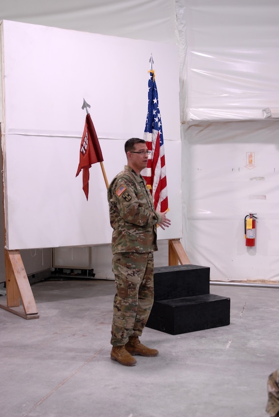 Sgt. Maj. Chad Dikeman, command sergeant major for Army Reserve Medical Command’s 7227th Medical Support Unit, addresses his Soldiers during a mock memorial ceremony held as a training opportunity in preparation for their upcoming mobilization in support of Landstuhl Regional Medical Center’s Deployed Warrior Medical Management Center.  Soldiers assigned to the 7227th MSU, out of Columbia, Missouri, have been working alongside 1st Army Division West’s observer coach/trainers with 4th Battalion (Medical), 393rd Infantry Regiment in North Fort Hood for three weeks in preparation for their upcoming mission.