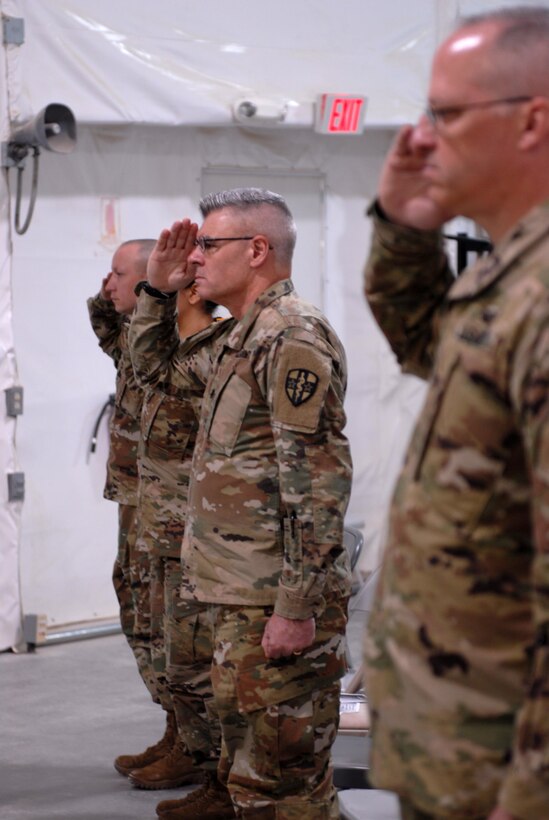 Lt. Col. Aaron Neal, commander for Army Reserve Medical Command’s 7227th Medical Support Unit, and his leadership team pay tribute to a fallen Soldier during a mock memorial ceremony held as a training opportunity in preparation for their upcoming mobilization in support of Landstuhl Regional Medical Center’s Deployed Warrior Medical Management Center.  Soldiers assigned to the 7227th MSU, out of Columbia, Missouri, have been working alongside 1st Army Division West’s observer coach/trainers with 4th Battalion (Medical), 393rd Infantry Regiment in North Fort Hood for three weeks in preparation for their upcoming mission.