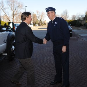 U.S. Air Force Gen. John E. Hyten (right), commander of U.S. Strategic Command (USSTRATCOM), welcomes U.S. Rep. Mike Rogers of Alabama's 3rd congressional district, at USSTRATCOM headquarters, Offutt Air Force Base, Neb., Feb. 21, 2017. Rogers, a member of House Armed Services Committee and Chairman of the Strategic Forces Subcommittee, met with Hyten and other senior leaders during his visit and received briefings on current operations, space, missile defense and nuclear modernization, and discussed key issues and priorities relating to strategic forces.
