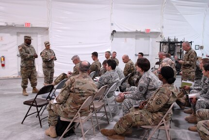 1st Army Division West’s observer coach/trainers with 4th Battalion, 393rd Infantry Regiment in North Fort Hood conduct a hot wash with U.S. Army Reserve leaders and Soldiers assigned to Army Reserve Medical Command’s 7227th Medical Support Unit on Feb. 8.  The hot wash reviews the scenarios placed on Soldiers within the 7227th each day in preparation for the unit’s upcoming mobilization in support of Landstuhl Regional Medical Center’s Deployed Warrior Medical Management Center.  Soldiers assigned to the 7227th MSU, out of Columbia, Missouri, have been working alongside 1st Army Division West’s observer coach/trainers with 4th Battalion (Medical), 393rd Infantry Regiment in North Fort Hood for three weeks in preparation for their upcoming mission.