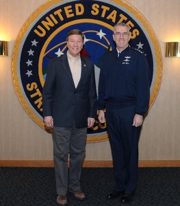 U.S. Air Force Gen. John E. Hyten (right), commander of U.S. Strategic Command (USSTRATCOM), welcomes U.S. Rep. Mike Rogers of Alabama's 3rd congressional district, at USSTRATCOM headquarters, Offutt Air Force Base, Neb., Feb. 21, 2017. Rogers, a member of House Armed Services Committee and Chairman of the Strategic Forces Subcommittee, met with Hyten and other senior leaders during his visit and received briefings on current operations, space, missile defense and nuclear modernization, and discussed key issues and priorities relating to strategic forces.