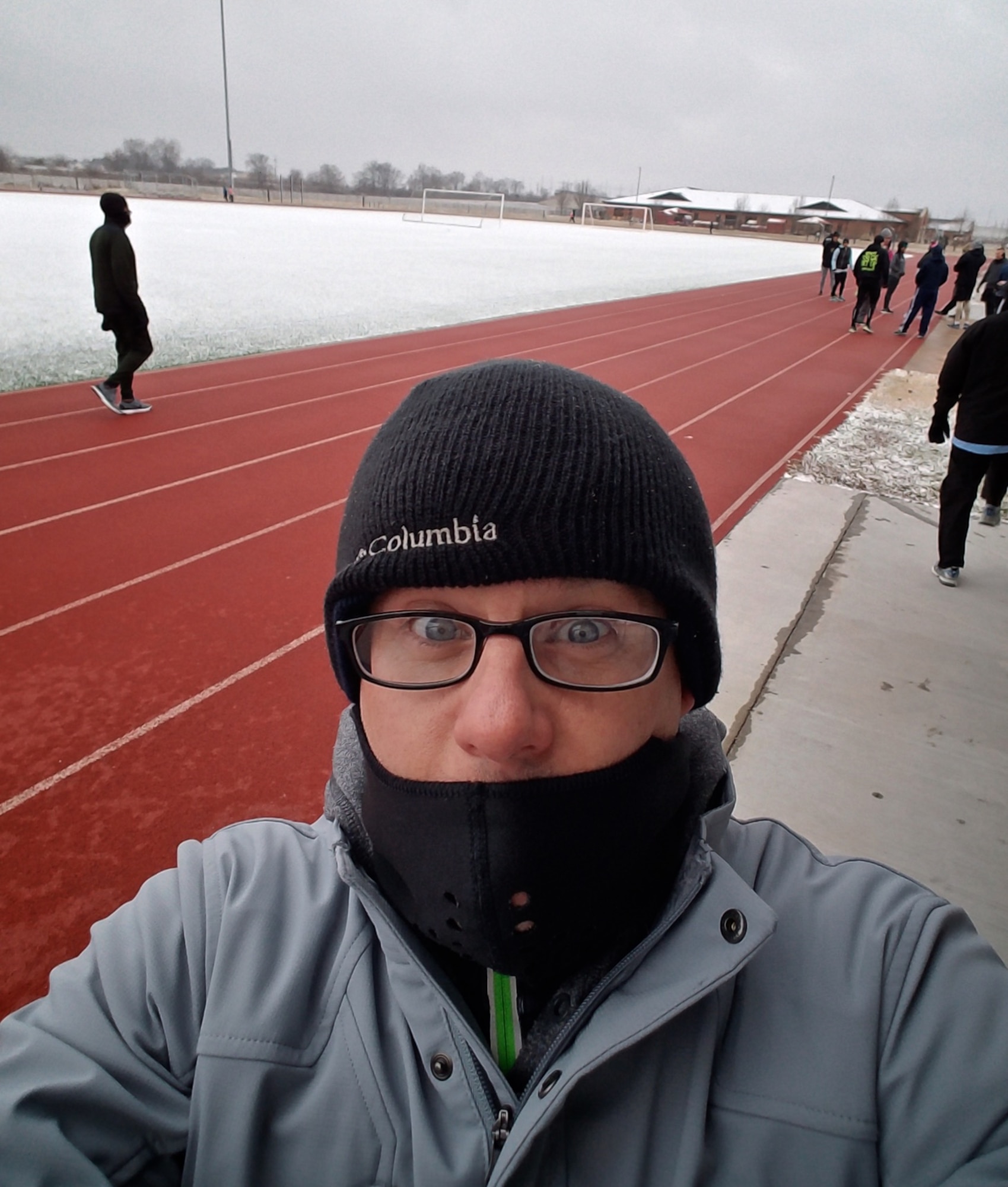 Brrrr, it's cold out.  Christopher Parr, 932nd Airlift Wing Public Affairs specialist takes a quick "selfie" in the snow before doing the Wednesday sprints, Feb. 6, 2017, Scott Air Force Base, Illinois.  Please checkout the weekly blog showcasing Parr's experience with the running clinic and how much he loves Wednesdays.  (U.S. Air Force photo by Christopher Parr)