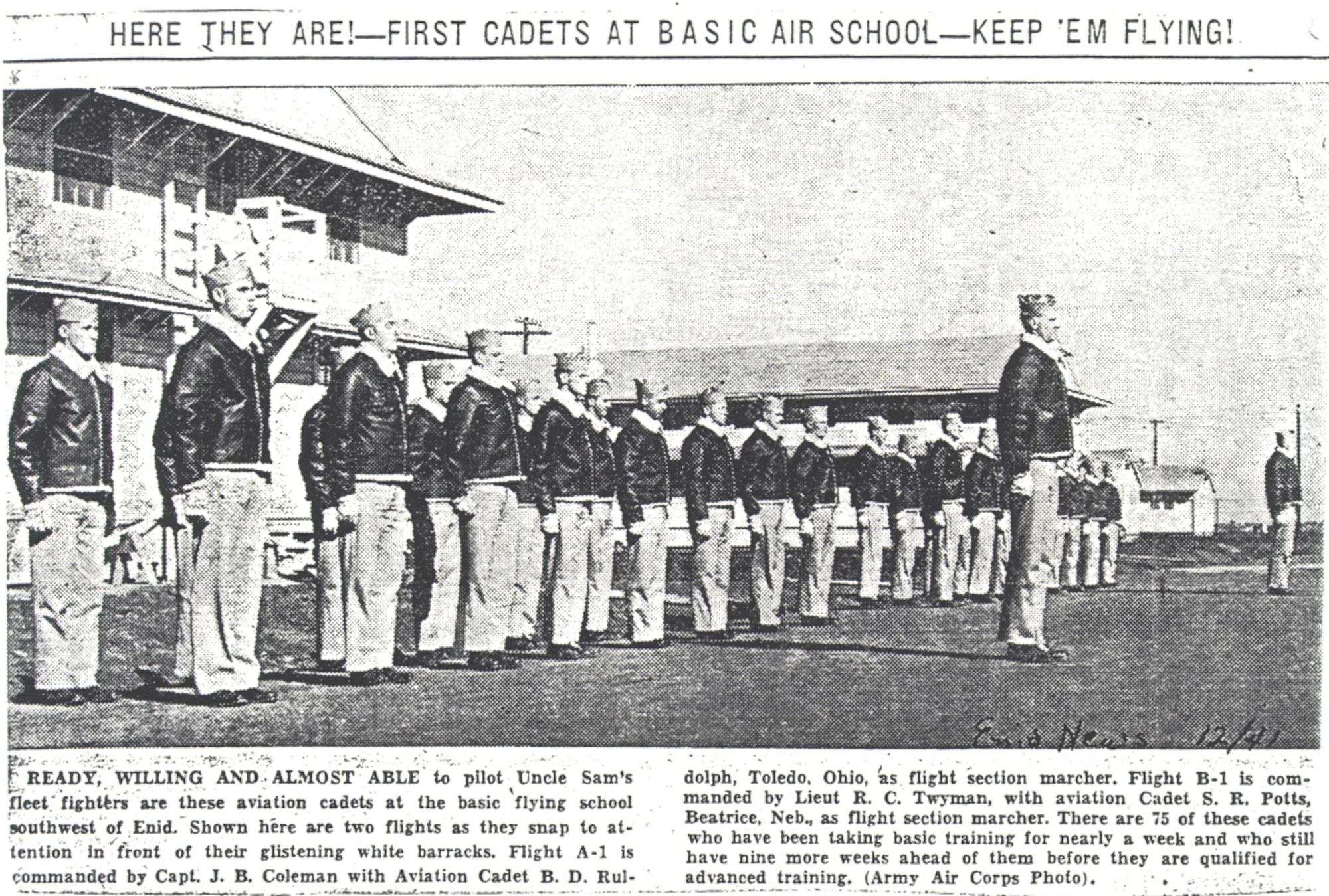 Flights A and B from Class 42D stand in formation at what would become Vance Air Force Base, Oklahoma. The photo was printed in the local newspaper in Enid, Oklahoma, in 1942. (Courtesy Photo)