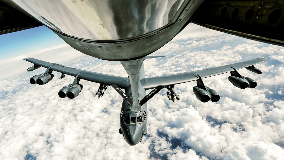 An Air Force B-52 Stratofortress refuels from a 340th Expeditionary Air Refueling Squadron KC-135 Stratotanker to support Operation Inherent Resolve, Feb. 15, 2017. The squadron extended the fight against Islamic State of Iraq and Syria terrorists by delivering fuel to U.S. Air Force F-16 Fighting Falcons, A-10 Thunderbolt IIs and a B-52 Stratofortress. Air Force photo by Senior Airman Jordan Castelan