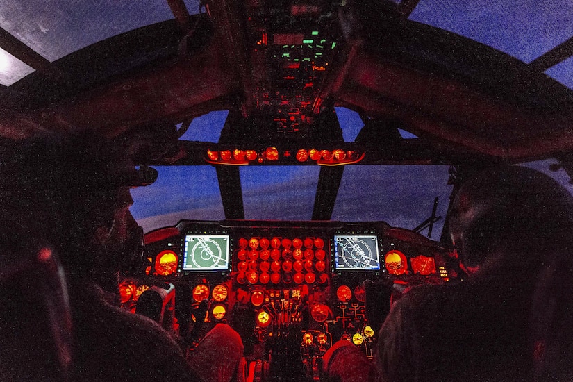 Air Force B-52 Stratofortress pilots assigned to the 96th Expeditionary Bomber Squadron take off from an undisclosed location to execute air operations to support Operation Inherent Resolve, Feb. 13, 2017. Air Force photo by Senior Airman Jordan Castelan