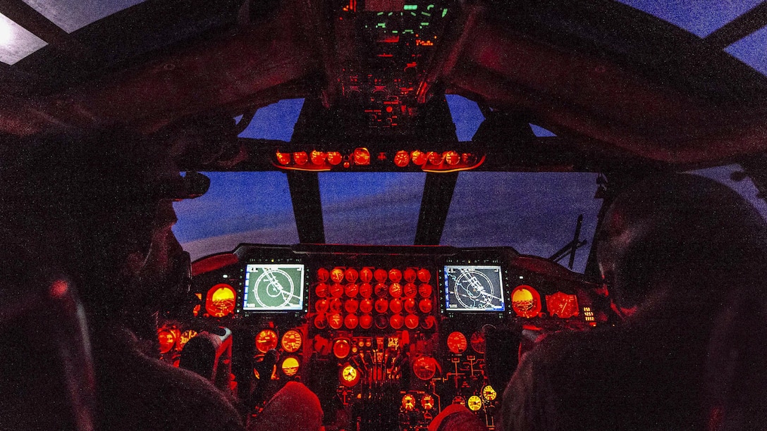 Two pilots assigned to the 96th Expeditionary Bomber Squadron takeoff to execute air operations to support Operation Inherent Resolve, Feb. 13, 2017. The B-52 Stratofortress enables vital kinetic capability for the Air Force and is engaged in the fight against Islamic State of Iraq and Syria terrorists. Air Force photo by Senior Airman Jordan Castelan