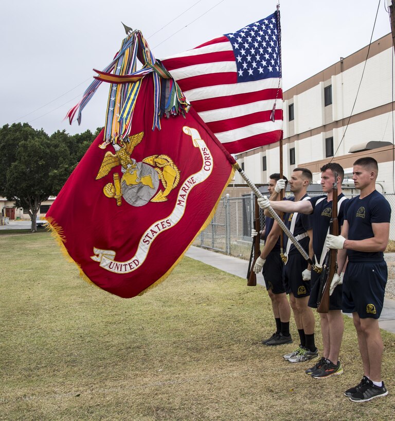 The Marine Corps Color Guard Marines present the national flag and the battle colors during a portion of their month-long training phase as a part of the Marine Corps Battle Color Detachment (BCD) aboard Marine Corps Air Station Yuma, Az., Feb. 17, 2017. The BCD is comprised of the Marine Corps Silent Drill Platoon, “The Commandant’s Own,” the United States Marine Drum & Bugle Corps and the Marine Corps Color Guard. This unit celebrates the historic pride of the Marine Corps through the finest in music and ceremonial drill. (Official Marine Corps photo by Cpl. Robert Knapp/Released)