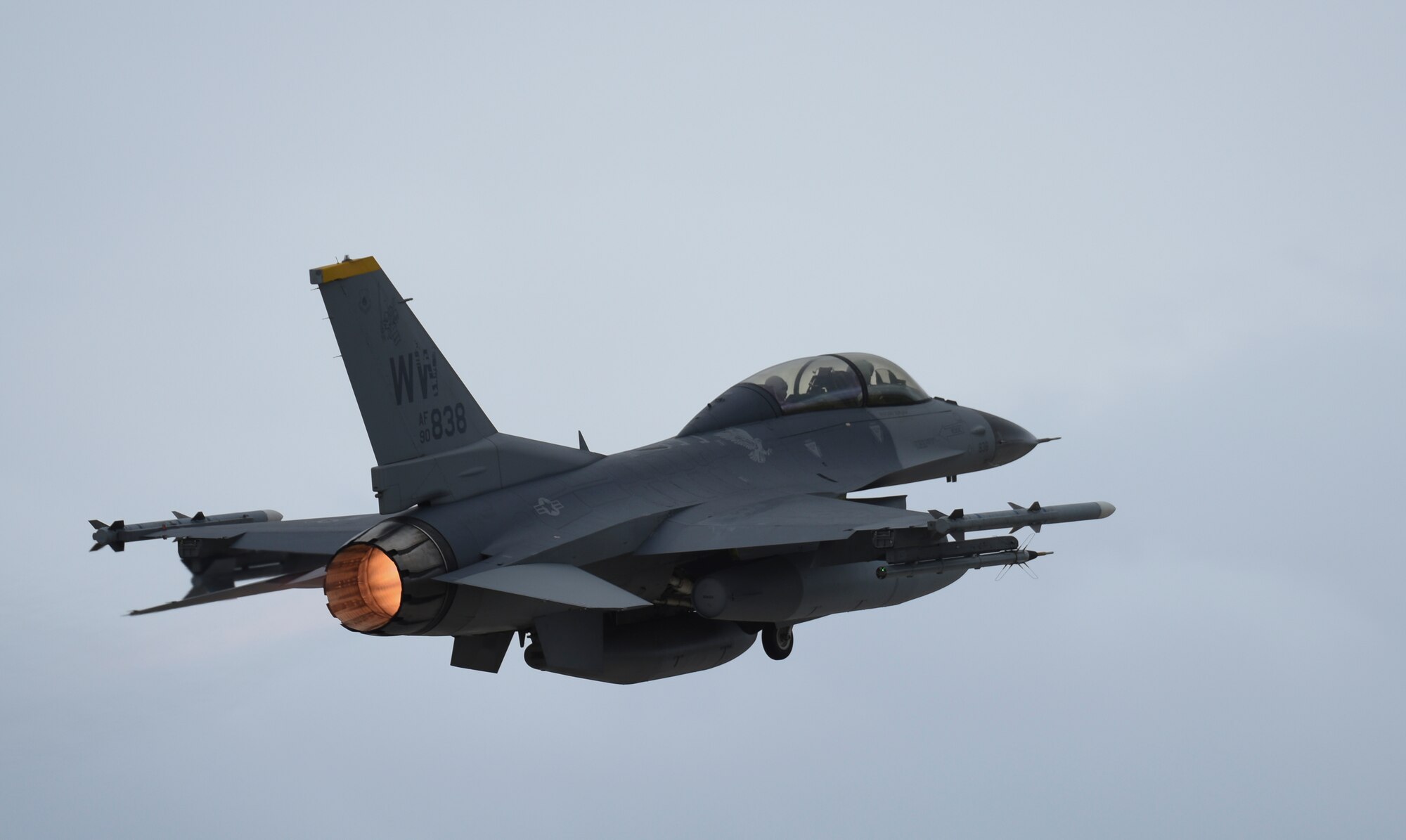 A U.S. Air Force F-16 Fighting Falcon assigned to the 14th Fighter Squadron, Misawa Air Base, Japan, takes off during Exercise Cope North 2017 at Andersen Air Force Base, Guam, Feb. 16, 2017. Beginning in 1978 as a quarterly bilateral exercise held at Misawa AB, Japan, Cope North was moved to Andersen AFB in 1999. Today, the annual exercise serves as a keystone event to promote stability and security throughout the Indo-Asia-Pacific by enabling regional forces to hone vital readiness skills critical to maintaining regional stability. (U.S. Air Force photo by Tech. Sgt. Richard P. Ebensberger/Released)