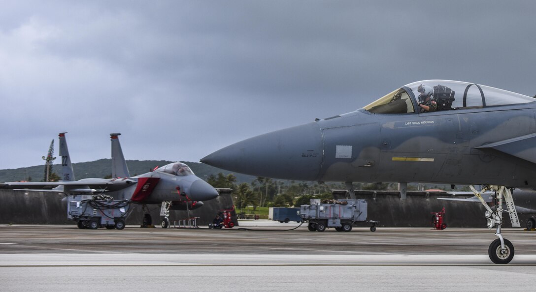 A U.S. Air Force F-15 Eagle assigned to the 67th Fighter Squadron, Kadena Air Base, Japan, taxis during Exercise Cope North 2017 at Andersen Air Force Base, Guam, Feb. 16, 2017. The exercise includes 22 total flying units and more than 1,700 personnel from three countries and continues the growth of strong, interoperable relationships within the Indo-Asia-Pacific Region through integration of airborne and land-based command and control assets. (U.S. Air Force photo by Tech. Sgt. Richard P. Ebensberger/Released)