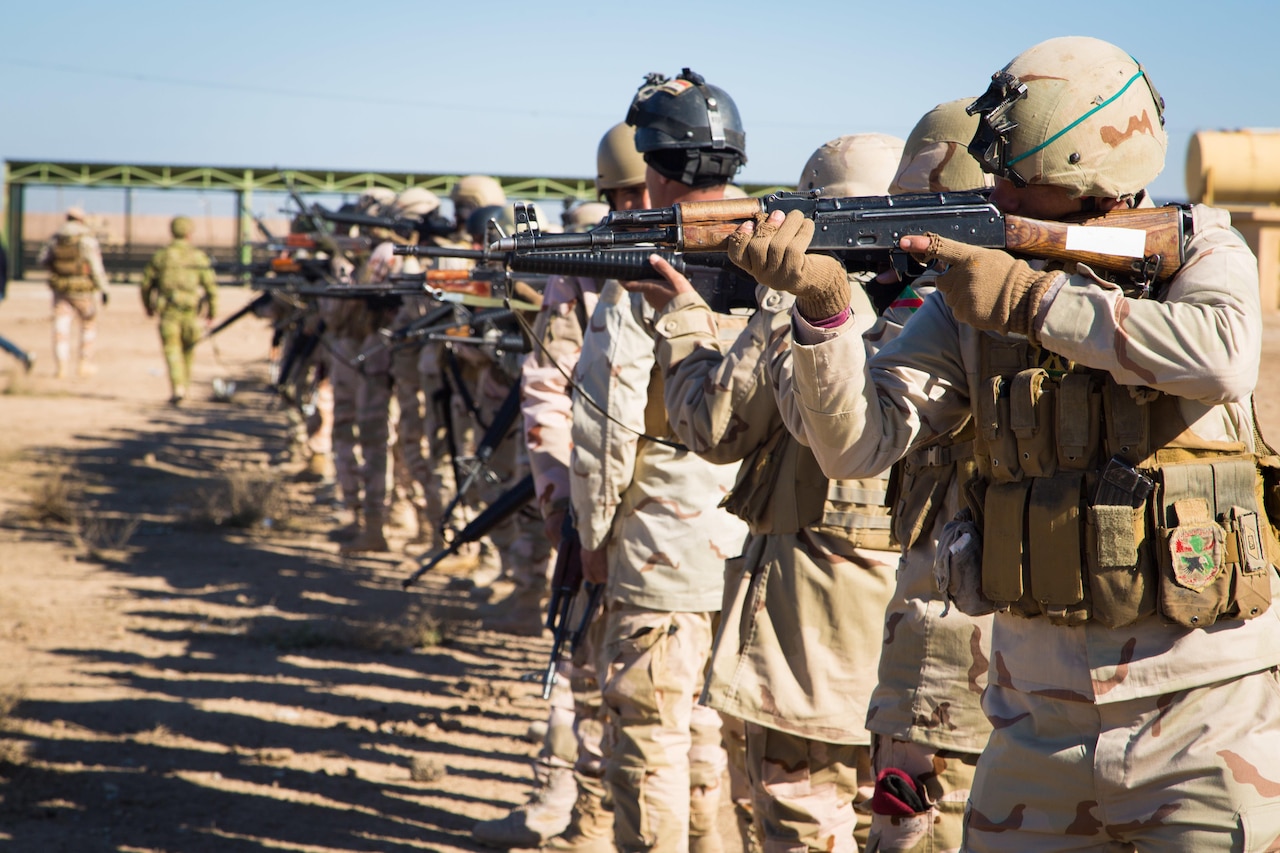 Iraqi security forces soldiers practice weapon safety during urban environment training at Camp Taji, Iraq, Feb. 20, 2017. The soldiers were part of the junior leaders course led by Coalition forces in support of Combined Joint Task Force – Operation Inherent Resolve, the global Coalition to defeat ISIS in Iraq and Syria.  (U.S. Army photo by Spc. Christopher Brecht)
