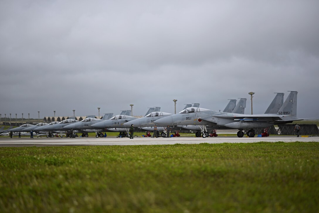 Japan Air Self-Defense Force F-15MJ Eagles assigned to the 304th Squadron, Tsuiki Air Base, Japan, sit on the flightline during Exercise Cope North 2017 at Andersen Air Force Base, Guam, Feb. 16, 2017. The exercise is a long-standing exercise designed to enhance multilateral air operations between the U.S. Air Force, U.S. Navy, Japan Air Self-Defense Force and Royal Australian Air Force. (U.S. Air Force photo by Airman 1st Class Christopher Quail/Released)