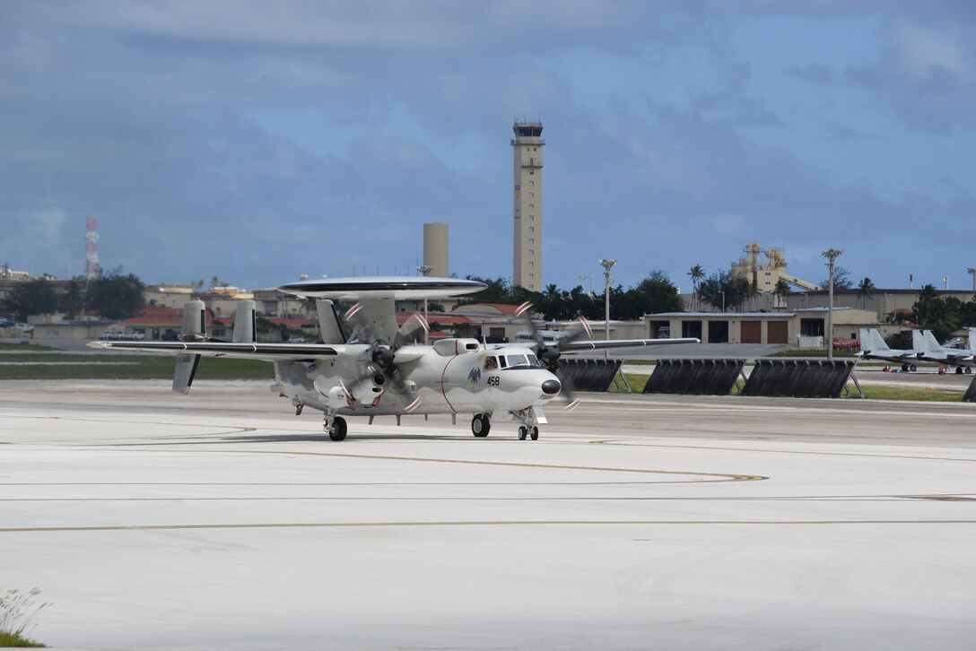A Japan Air Self-Defense Force E-2C Hawkeye assigned to the 601st Squadron, Misawa Air Base, Japan, takes off during Exercise Cope North 2017 at Andersen Air Force Base, Guam, Feb. 22, 2017. Beginning in 1978 as a quarterly bilateral exercise held at Misawa AB, Japan, Cope North was moved to Andersen AFB in 1999. Today, the annual exercise serves as a keystone event to promote stability and security throughout the Indo-Asia-Pacific by enabling regional forces to hone vital readiness skills critical to maintaining regional stability. (U.S. Air Force photo by Airman 1st Class Gerald Willis/Released)