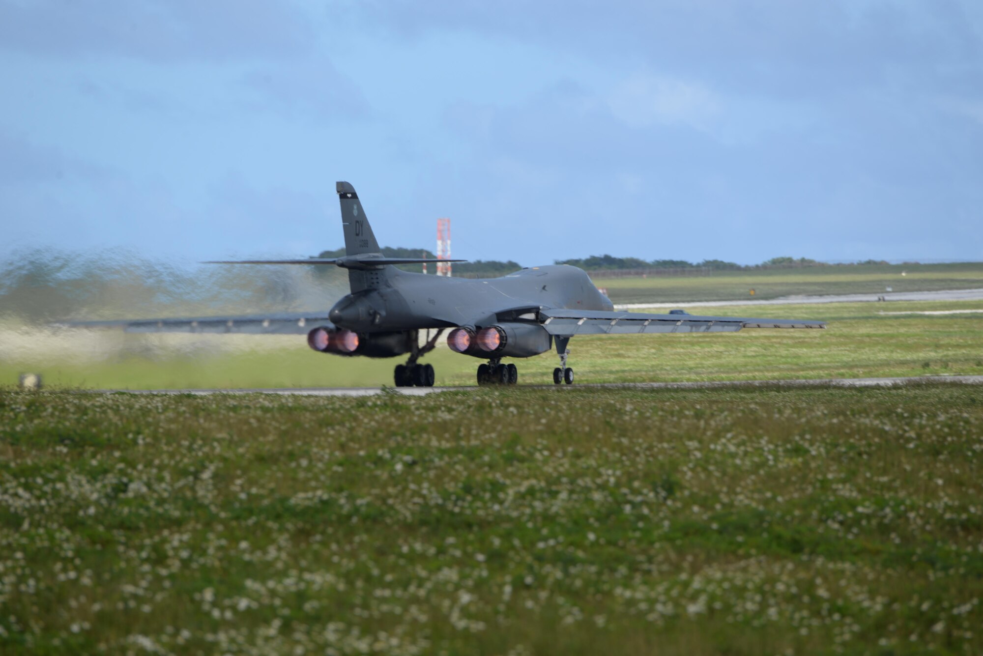 A U.S. Air Force B-1B Lancer assigned to the 9th Expeditionary Bomb Squadron, Dyess Air Force Base, Texas, takes off during Exercise Cope North 2017 at Andersen Air Force Base, Guam, Feb. 22, 2017. The exercise includes 22 total flying units and more than 1,700 personnel from three countries and continues the growth of strong, interoperable relationships within the Indo-Asia-Pacific Region through integration of airborne and land-based command and control assets. (U.S. Air Force photo by Airman 1st Class Gerald Willis/Released)