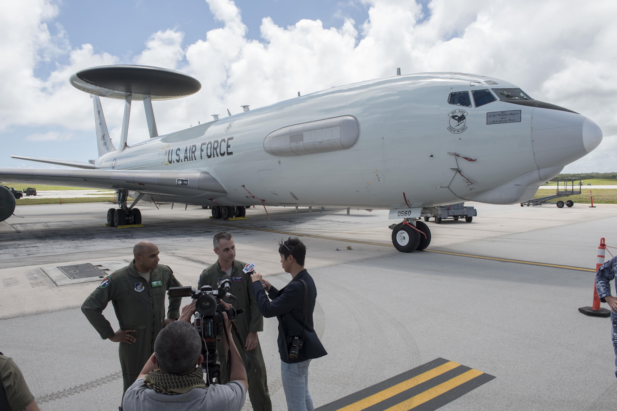 Leadership from the 961st Airborne Air Control Squadron speak to media Feb. 22, 2017, at Andersen Air Force Base, Guam. International and local reporters had the opportunity to observe static displays of aircraft participating in annual exercise Cope North. The exercise includes 22 total flying units and more than 2,700 personnel from three countries and continues the growth of strong, interoperable relationships within the Indo-Asia Pacific Region. (U.S. Air Force photo by Senior Airman John Linzmeier)