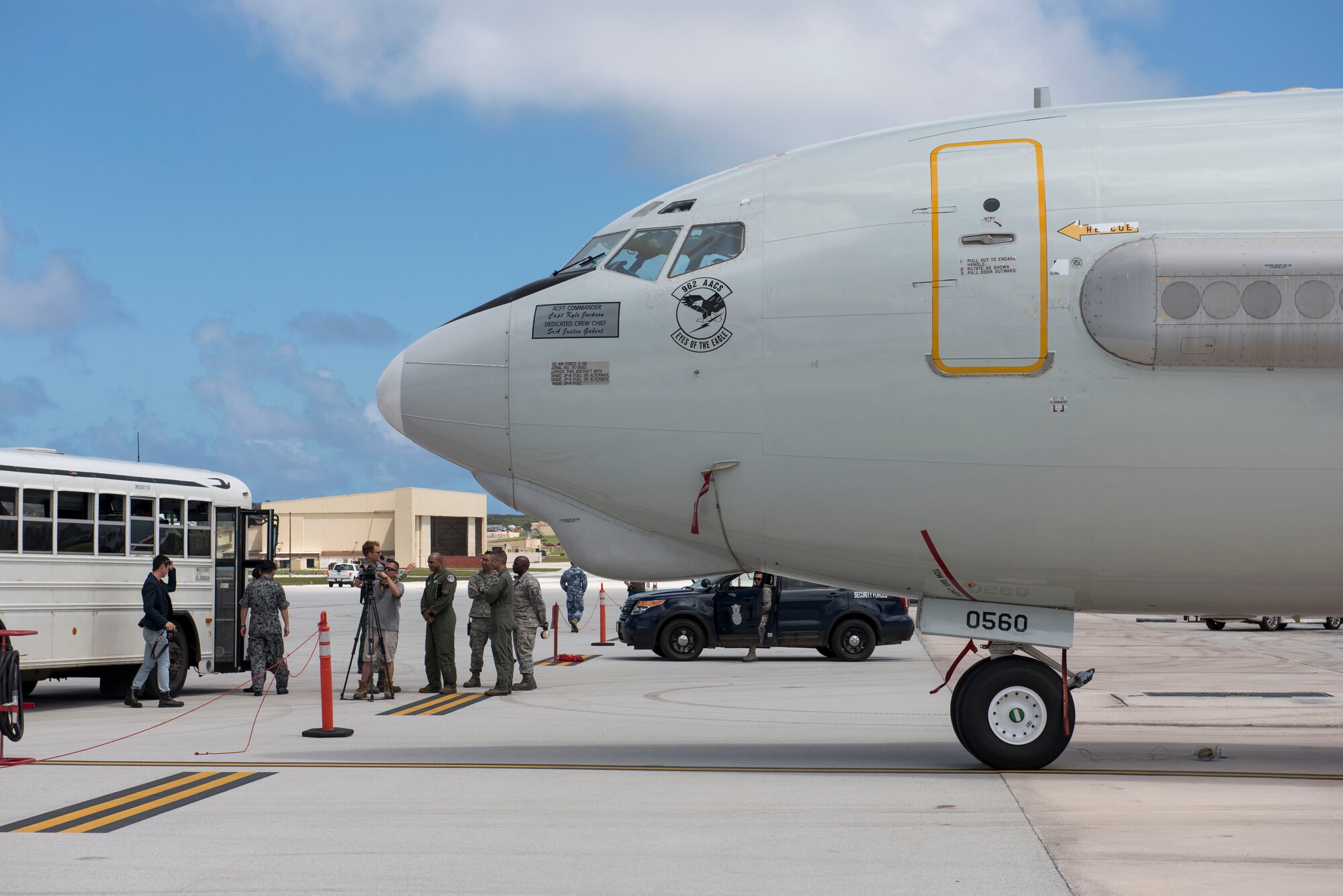 Reporters tour a static display of an E-3 Sentry Airborne Warning and Control System from the 961st Airborne Air Control Squadron Feb. 22, 2017, at Andersen Air Force Base, Guam. Media teams were provided close-up looks at some of the many airframes that are participating in exercise Cope North, comprised of aircraft from the U.S., Japan and Australian air forces. Cope North is an annual exercise which serves as a keystone event to promote stability and security throughout the Indo-Asia Pacific by enabling regional forces to hone vital readiness skills. (U.S. Air Force photo by Senior Airman John Linzmeier/unreleased)