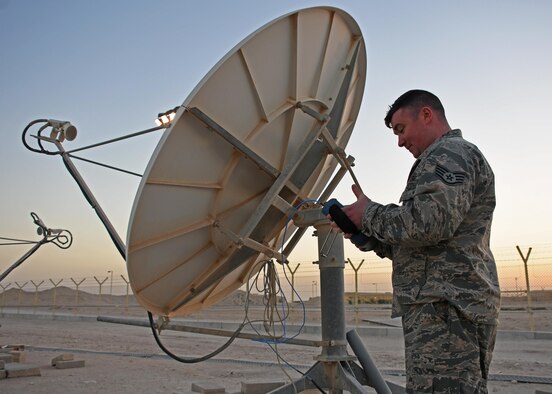 Staff Sgt. Chris Hayes, a 379th Expeditionary Operations Support Squadron Bounty Hunter crew chief, uses a control to locate a satellite in space at Al Udeid Air Base, Qatar, Jan. 30, 2017. Hayes supports Operation Silent Sentry, which provides defensive space capabilities for the U.S. Central Command area of responsibility. (U.S. Air Force photo/Senior Airman Miles Wilson)