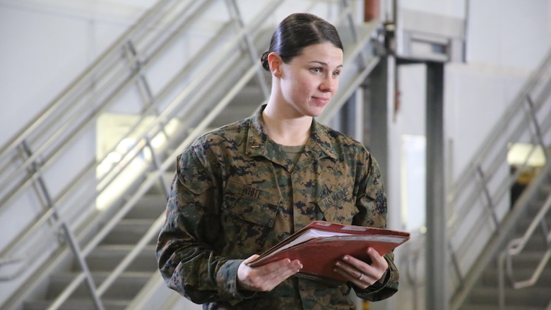1st Lt. Morgan White supervises her Marines during a squadron-wide gear inspection aboard Marine Corps Air Station Cherry Point, N.C., Feb. 6, 2017. White states that the training she has received in the Marine Corps helped develop her leadership and decision-making skills. “The Marine Corps teaches you to make hard decisions,” said White. “When life throws us questions that we don’t know the answer to, we’ve learned to quickly think on our feet.” White is the communications officer for Marine Wing Support Squadron 274, Marine Aircraft Group 14, 2nd Marine Aircraft Wing.