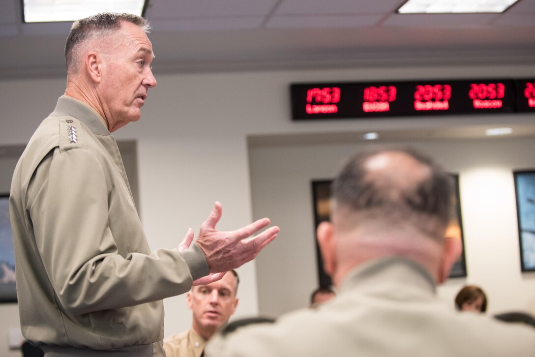 Marine Corps Gen. Joe Dunford, chairman of the Joint Chiefs of Staff, speaks to Marine Corps War College students at the Pentagon, Feb. 22, 2017. Gen. Dunford spoke about the challenges facing the department and offered lessons learned in his role as the chairman. DoD photo by Army Sgt. James K. McCann