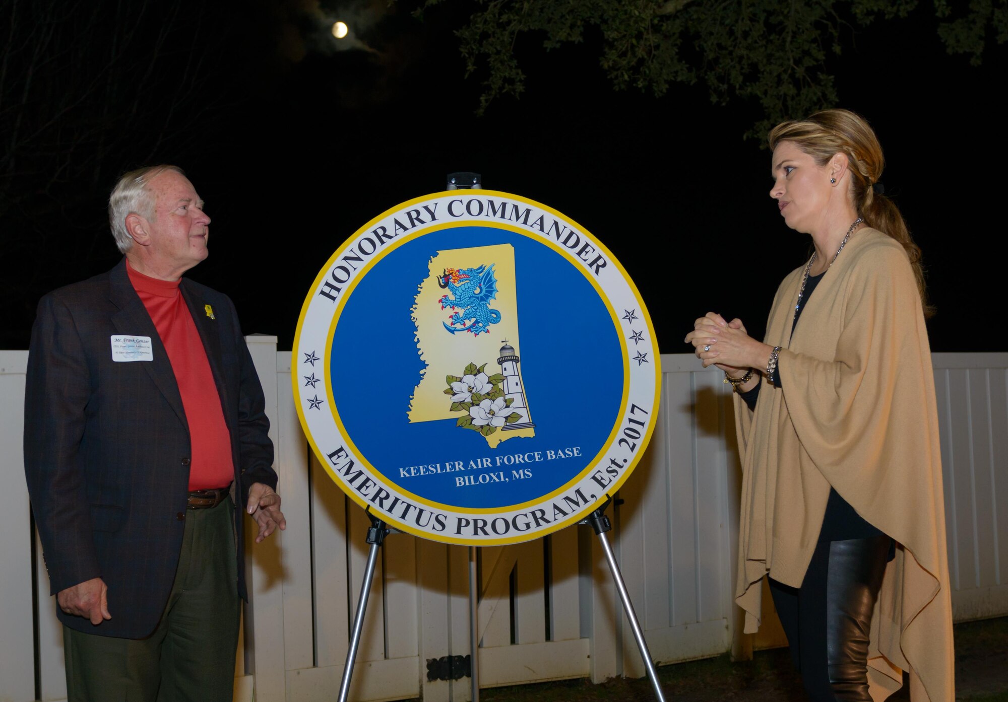 Col. Michele Edmondson, 81st Training Wing commander, talks about the support Frank Genzer, CEO and owner of Frank Genzer Architect Inc., provided while he served as an 81st TRW Honorary Commander during an induction ceremony Feb. 10, 2017, on Keesler Air Force Base, Miss. As part of the ceremony, Genzer became the first honorary commander inducted into the Emeritus Program. This program allows honorary commanders who were instrumental to the success of the program to continue having a close relationship with the installation after their time as an honorary commander ends. (U.S. Air Force photo by Andre’ Askew) 