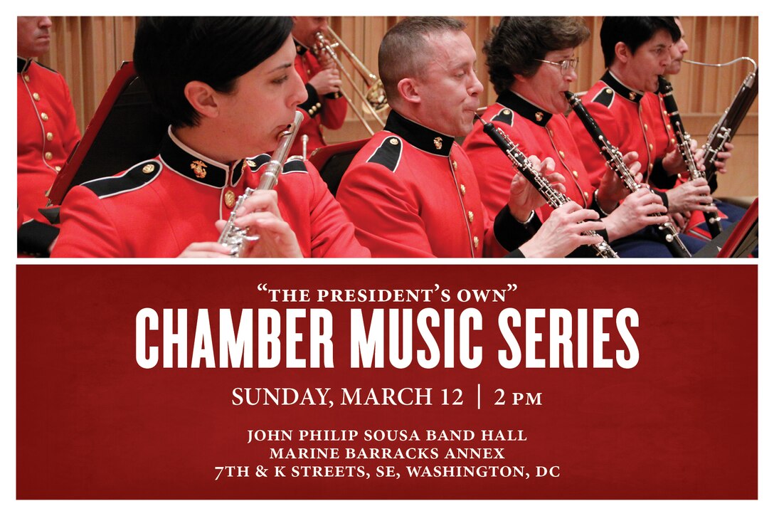 Coordinated by trumpeter/cornetist Staff Sgt. James McClarty, the Chamber Music Series concert will take place at 2 p.m., Sunday, March 12, at the John Philip Sousa Band Hall at the Marine Barracks Annex in southeast Washington, D.C. This concert will feature several different ensembles formed by members of “The President’s Own,” and will include the original work Overture for Euphoniums and Tubas by Marine Band clarinetist Staff Sgt. Parker Gaims. The concert is free and no tickets are required.