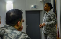 Chief Master Sgt. Shelina Frey, command chief of Air Mobility Command, speaks to attendees of the 521st Air Mobility Wing commander’s conference on Ramstein Air Base, Germany, Feb. 14, 2017. Frey reminded the leaders of the importance of recognizing and celebrating the diversity inherent in the Air Force. She spoke about how many people come from different backgrounds and upbringings and how those differences strengthen the leaders’ organizations. (U.S. Air Force photo/Staff Sgt. Timothy Moore)