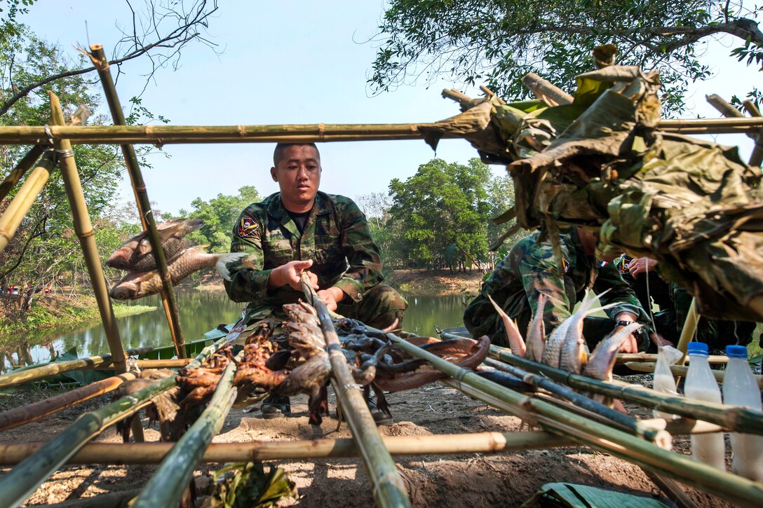A Thai marine prepares exotic delicacies during jungle survival training as part of Cobra Gold 17 at Camp Ban Chan Krem, Thailand, Feb. 17, 2017. Navy photo by Petty Officer 2nd Class Markus Castaneda