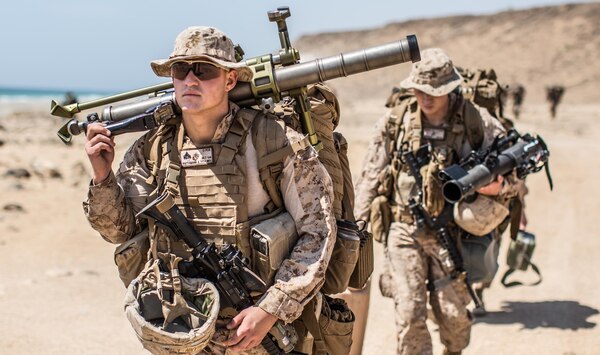 U.S. Marine Cpl. Johnathan Riethmann, a mortarman with Company A, Battalion Landing Team 1st Bn., 4th Marines, 11th Marine Expeditionary Unit, walks to a staging area at Senoor Beach, Oman, in preparation for Exercise Sea Soldier, Feb. 15. Sea Soldier 2017 is an annual, bilateral exercise conducted with the Royal Army of Oman designed to demonstrate the cooperative skill and will of U.S. and partner nations to work together in maintaining regional stability and security. USS Somerset, with the embarked 11th Marine Expeditionary Unit, is deployed in the U.S. 5th Fleet area of operations in support of maritime security operations designed to reassure allies and partners, preserve the freedom of navigation and the free flow of commerce and enhance regional stability. 