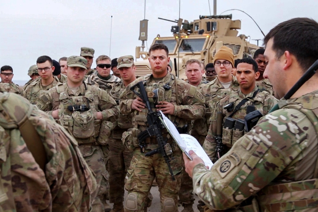 Army paratroopers receive a mission and safety brief at Qayyarah West Airfield, Iraq, Feb. 17, 2017, before moving out to Hamam al-Alil. Army photo by Staff Sgt. Jason Hull