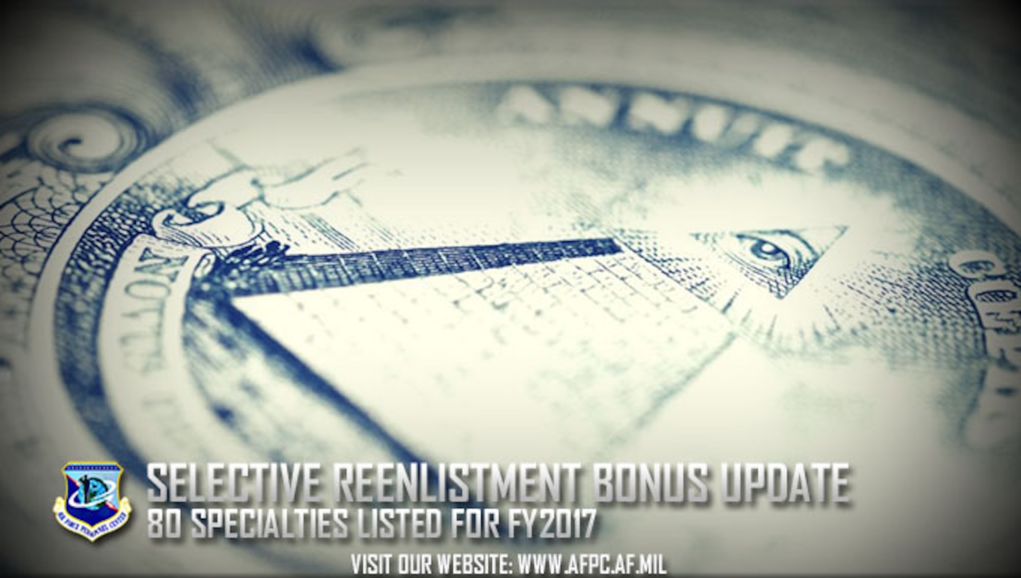 Air Force officials released details on the fiscal year 2017 Selective Re-enlistment Bonus program Feb. 23, 2017. This year’s program consists of 80 Air Force specialties and continues the practice of offering larger sums of money initially up front. (U.S. Air Force graphic by Kat Bailey)
