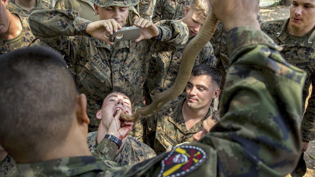 Marines drink cobra blood during Cobra Gold 17 at Camp Ban Chan Krem, Thailand, Feb. 17, 2017. The multinational exercise focuses on humanitarian civic action, community engagement and medical training. The Marines are assigned to Battalion Landing Team, 2nd Battalion, 5th Marine Regiment, 31st Marine Expeditionary Unit, 3rd Marine Expeditionary Force. Troops can use cobra blood and flesh as nutrition where sustenance is scarce. Marine Corps photo by Cpl. Steven Tran