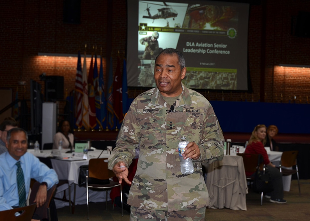 Army Deputy Chief of Staff, G-4 (Logistics) Lt. Gen. Aundre Piggee explained that Defense Logistics Agency is a critical player in the success of Army initiatives Feb. 8 during the DLA Aviation Senior Leader Conference held on Defense Supply Center, Richmond, Virginia. (Photo by Jackie Roberts)