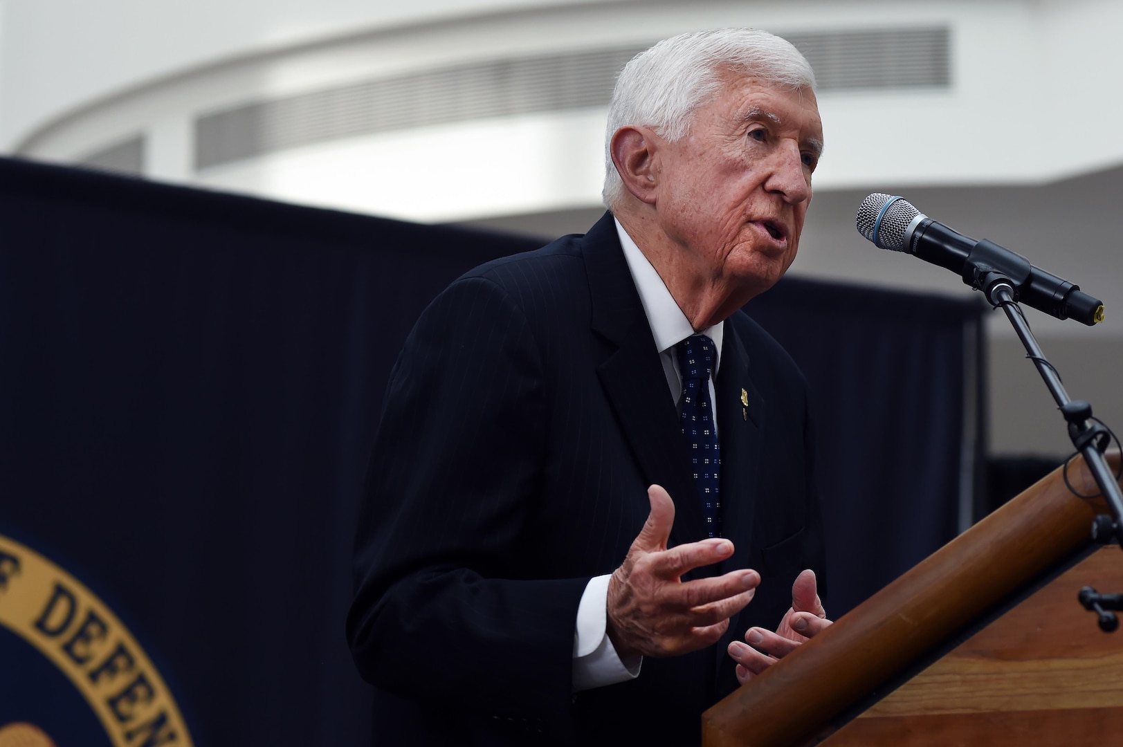 Retired Army Lt. Gen. Herbert R. Temple Jr. addresses those in attendance during a ceremony renaming the Army National Guard headquarters building in his honor in Arlington, Virginia, Feb. 22, 2017. Temple, 88, who enlisted in the California Army National Guard in 1947, served as the chief of the National Guard Bureau from 1986 to 1990 and was instrumental in both shaping the National Guard of today and was the driving force behind the building that now bears his name. 