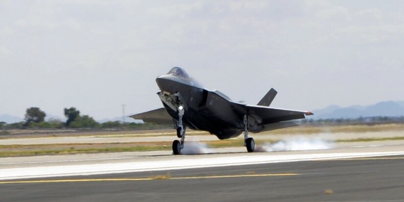 The Air Force’s 100th F-35 Lightning II lands at Luke Air Force Base, Ariz., Aug. 26, 2016. The aircraft, designated AF-100, marked a milestone for the F-35 program. Air Force photo by Staff Sgt. Marcy Copeland