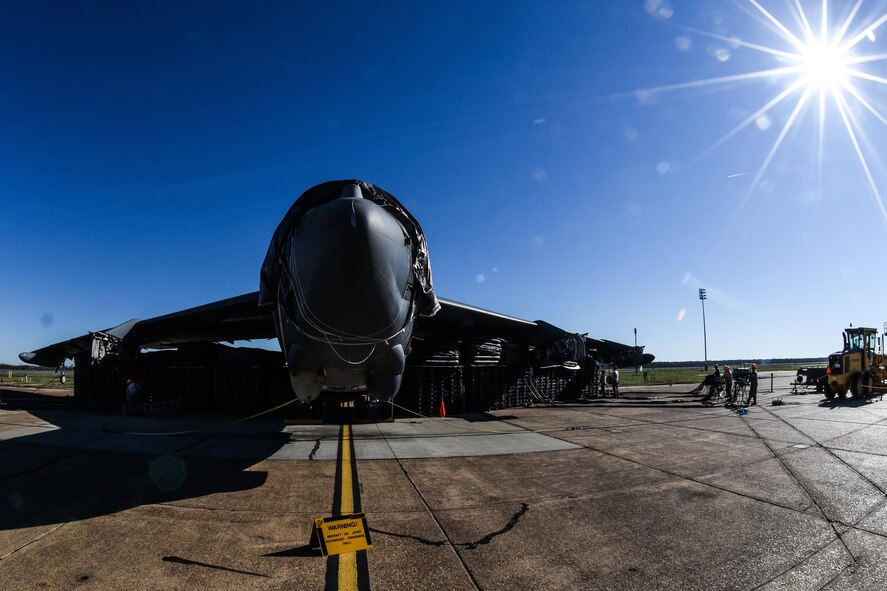 Air pressure valves are used to control and monitor the pressure in air lifts under a B-52 Stratofortress at Barksdale Air Force Base, La., Feb. 16, 2017. Three Airmen monitoring each of system had to communicate via radio to ensure the lifts remained balanced between each wing. (U.S. Air Force photo/Senior Airman Luke Hill)