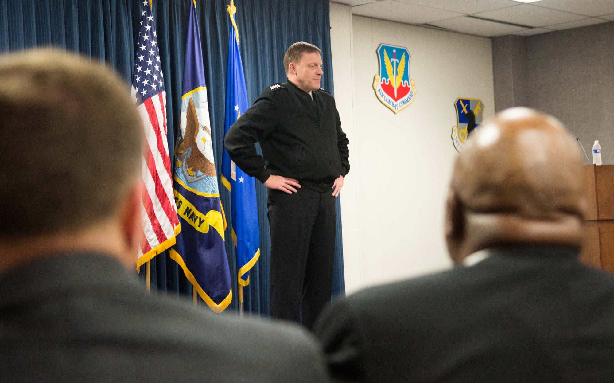 Admiral Michael S. Rogers, commander, U.S. Cyber Command; director, National Security Agency; and chief, Central Security Service, spoke to Airmen Feb. 17 at Joint Base San Antonio – Lackland. (U.S. Air Force Photo by Lori A. Bultman)