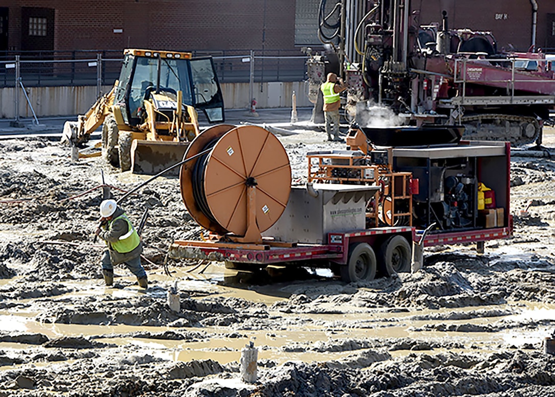 Contractors are installing 252 geothermal wells to heat and cool the new Defense Logistics Agency Aviation Operations Center Feb. 17, 2016. The first phase of the three-phased, five-story, 252,000 square-feet building is scheduled for occupancy in late 2018 or early 2019, (Photo by Jackie Roberts, DLA Installation Support at Richmond,)