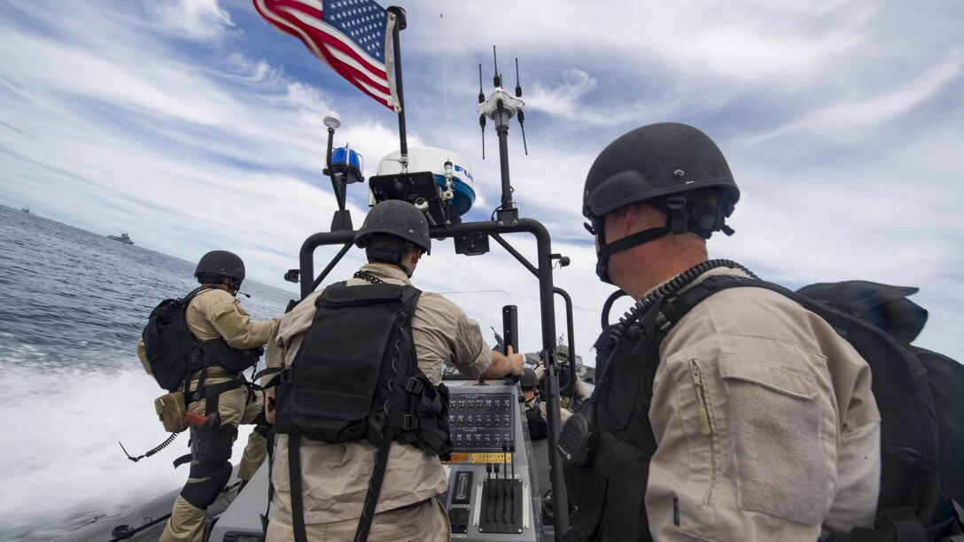 Sailors assigned to the USS Coronado prepare to come alongside a Brunei navy patrol vessel during a visit, board, search and seizure exercise in the South China Sea, Feb. 19, 2017. The Coronado provides the U.S. 7th Fleet with the flexible capabilities it needs. Navy photo by Petty Officer 2nd Class Amy M. Ressler