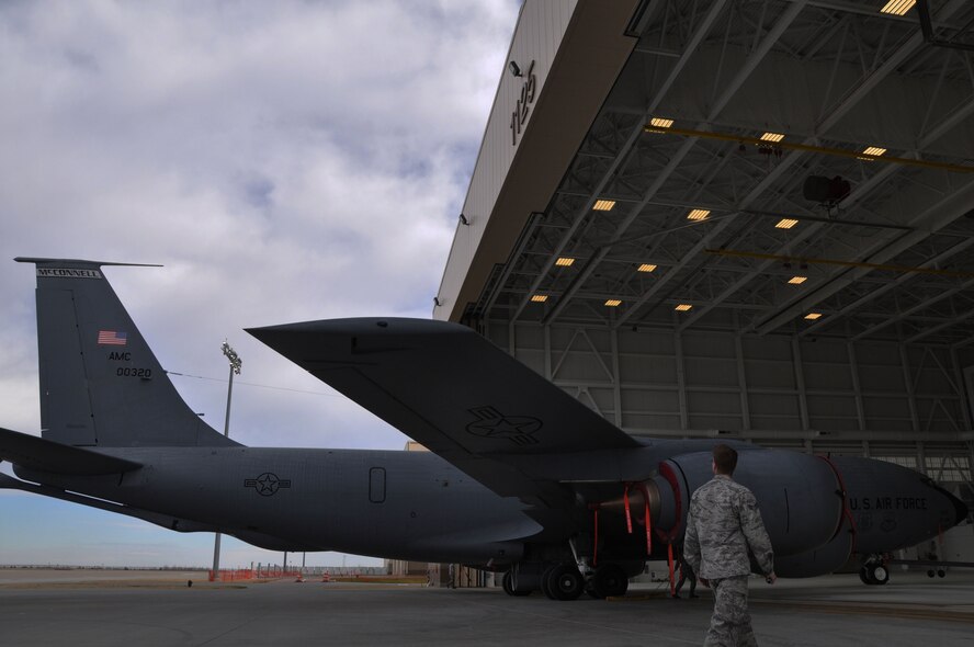 A KC-135 Stratotanker assigned to the 22nd Air Refueling Wing is delivered to Hangar 1125, Feb. 23, 2017, McConnell Air Force Base, Kan.  A total force crew of Airmen from the 22nd and 931st Maintenance Groups towed the KC-135 across the flightline.  Hangar 1125 is one of three hangars meant to house the KC-46 Pegasus. (U.S. Air Force photo by Tech. Sgt. Abigail Klein)