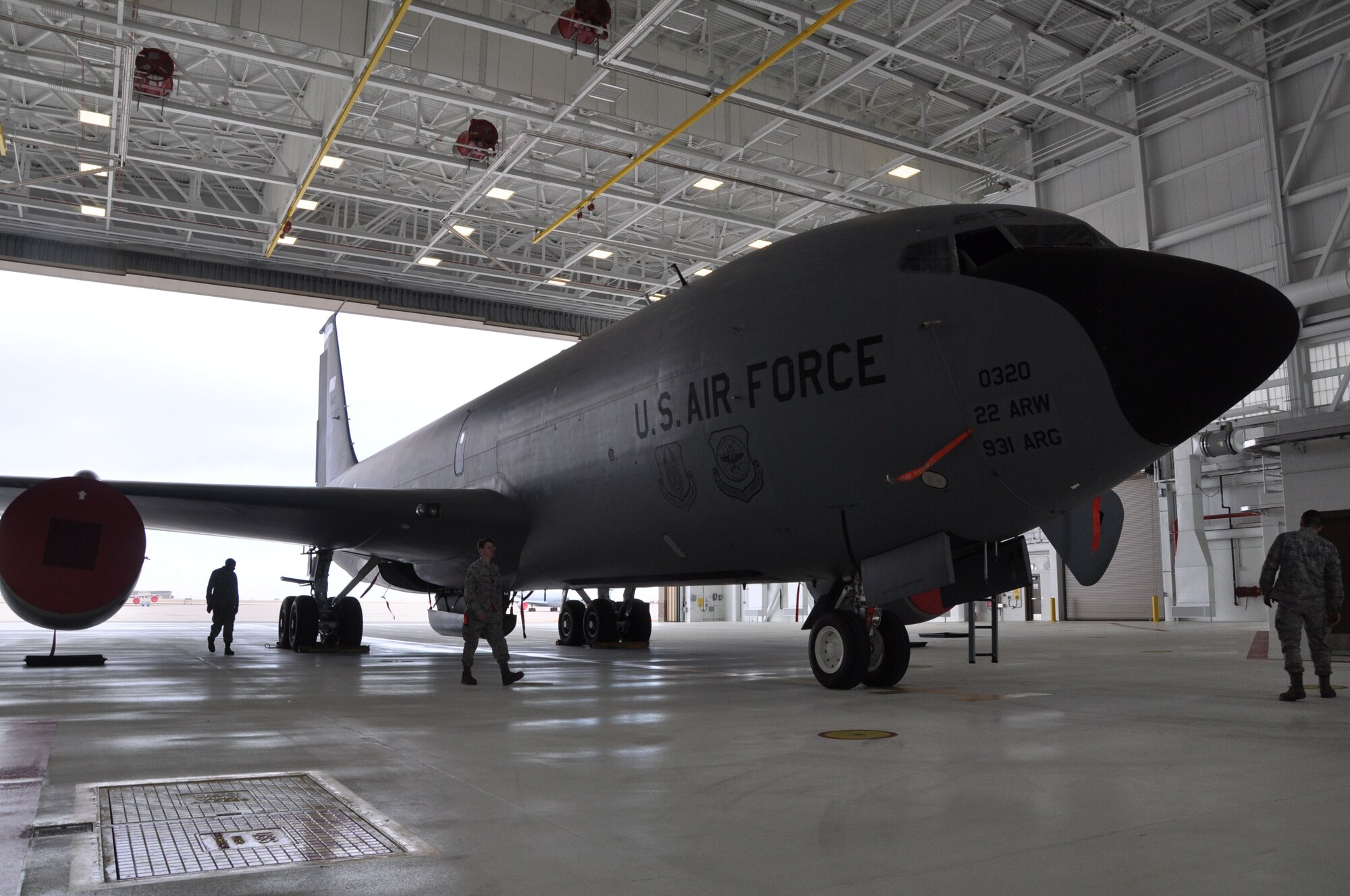 A KC-135 Stratotanker assigned to the 22nd Air Refueling Wing is delivered to Hangar 1125, Feb. 23, 2017, McConnell Air Force Base, Kan.  A total force crew of Airmen from the 22nd and 931st Maintenance Groups towed the KC-135 across the flightline.  Hangar 1125 will be used for general maintenance on the KC-46A Pegasus once it is delivered to McConnell, which is scheduled to happen later this year.  (U.S. Air Force photo by Tech. Sgt. Abigail Klein