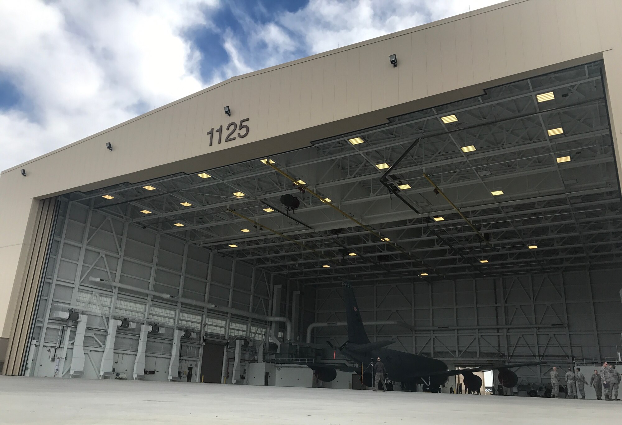 A KC-135 Stratotanker assigned to the 22nd Air Refueling Wing is delivered to Hangar 1125, Feb. 23, 2017, McConnell Air Force Base, Kan.  A total force crew of Airmen from the 22nd and 931st Maintenance Groups towed the KC-135 across the flightline.  Hangar 1125 will be used for general maintenance on the KC-46A Pegasus once it is delivered to McConnell, which is scheduled to happen later this year.  (U.S. Air Force photo by Tech. Sgt. Abigail Klein)
