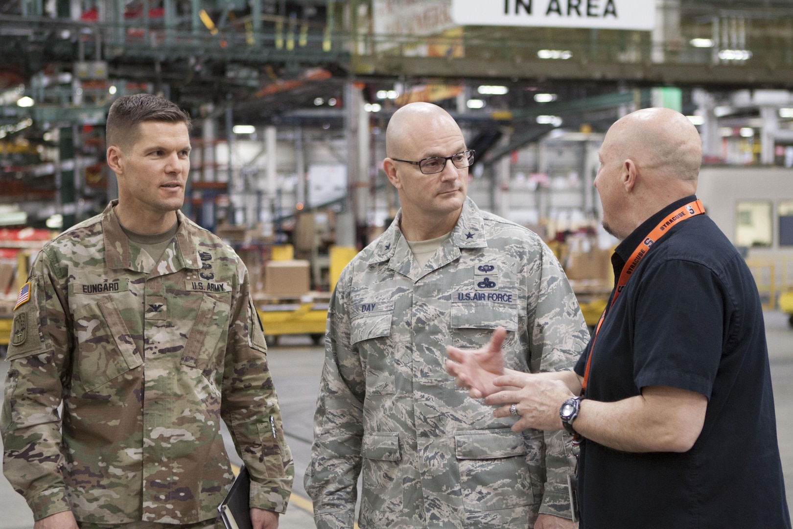 Air Force Brig. Gen. Allan E. Day (center), commander of DLA Aviation visited DLA Distribution Feb. 22 for an overview of DLA Distribution, and a tour of Distributions largest warehouse, the Eastern Distribution Center at DLA Distribution Susquehanna, Pennsylvania.