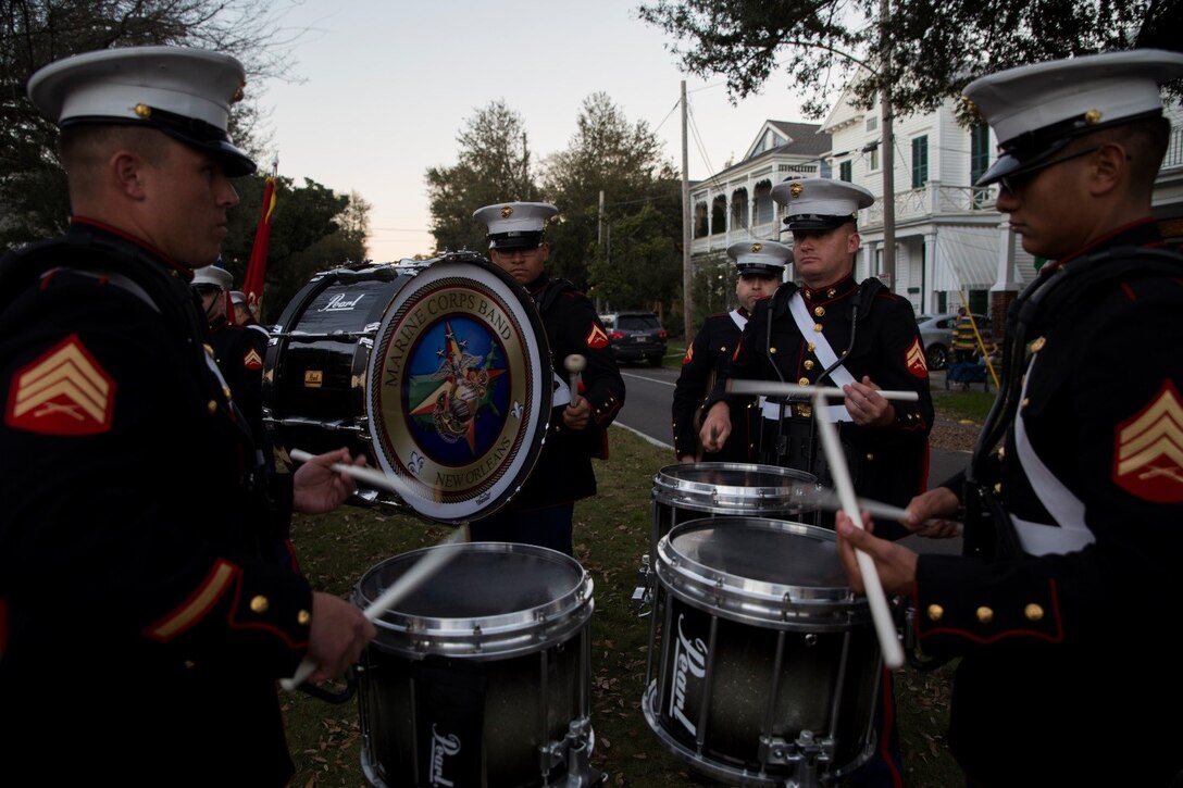 Marines with Marine Corps Band New Orleans, Marine Forces Reserve, rehearse before the start of the Krewe of Druids parade during Mardi Gras in New Orleans, Feb. 22, 2017. The band participated in numerous parades to promote the Marine Corps and support the New Orleans community.  (U.S. Marine Corps photo by Cpl. Melissa Martens/ Released)  